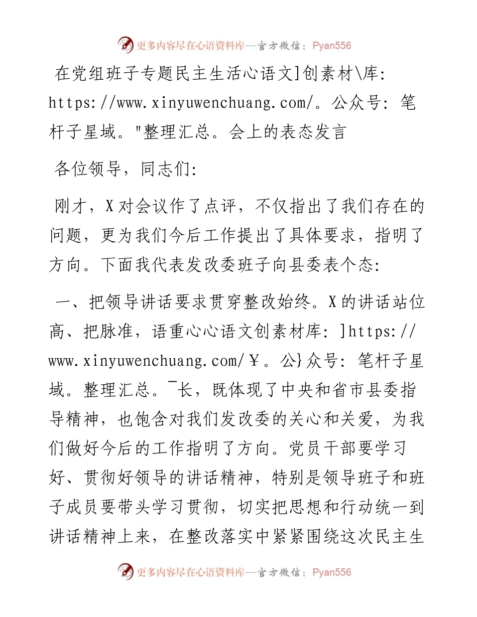 在党组班子专题民主生活会上的表态发言.docx_第1页