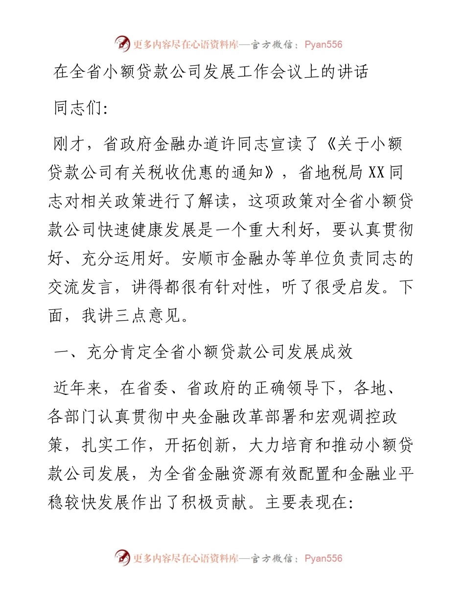 在全省小额贷款公司发展工作会议上的讲话.docx_第1页