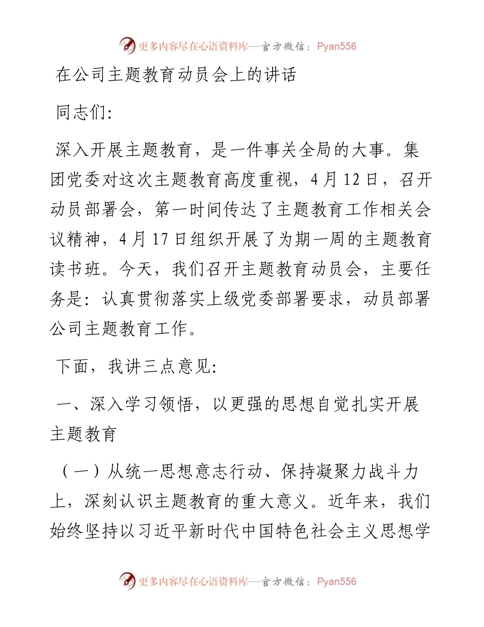 在公司主题教育动员会上的讲话.docx_第1页