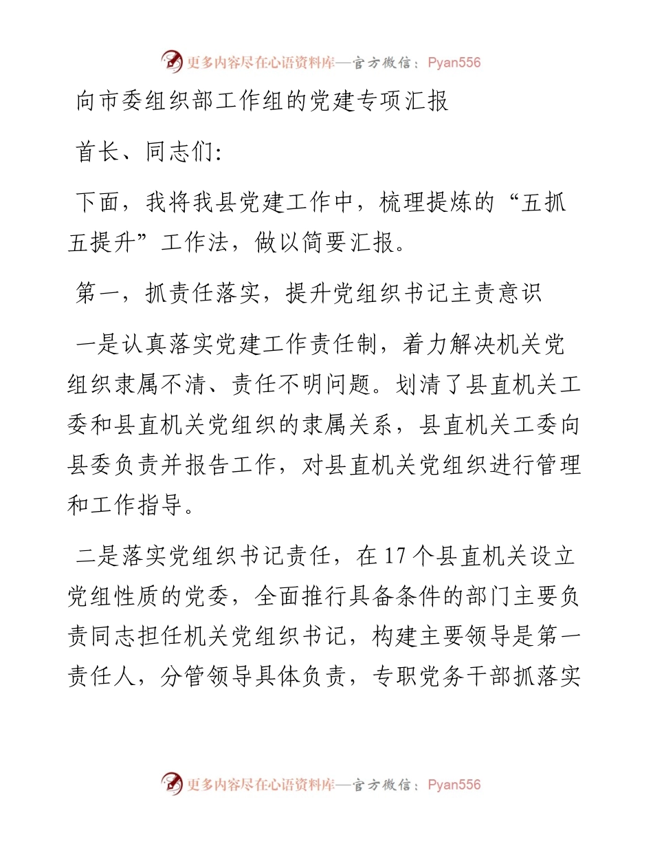 向市委组织部工作组的党建专项汇报.docx_第1页