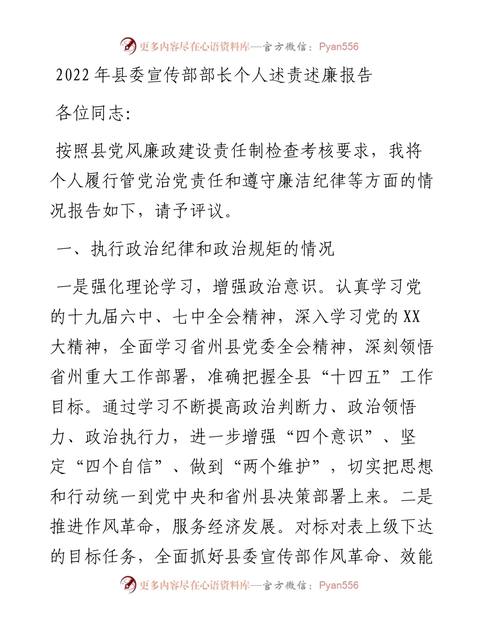 县委宣传部部长个人述责述廉报告.docx_第1页
