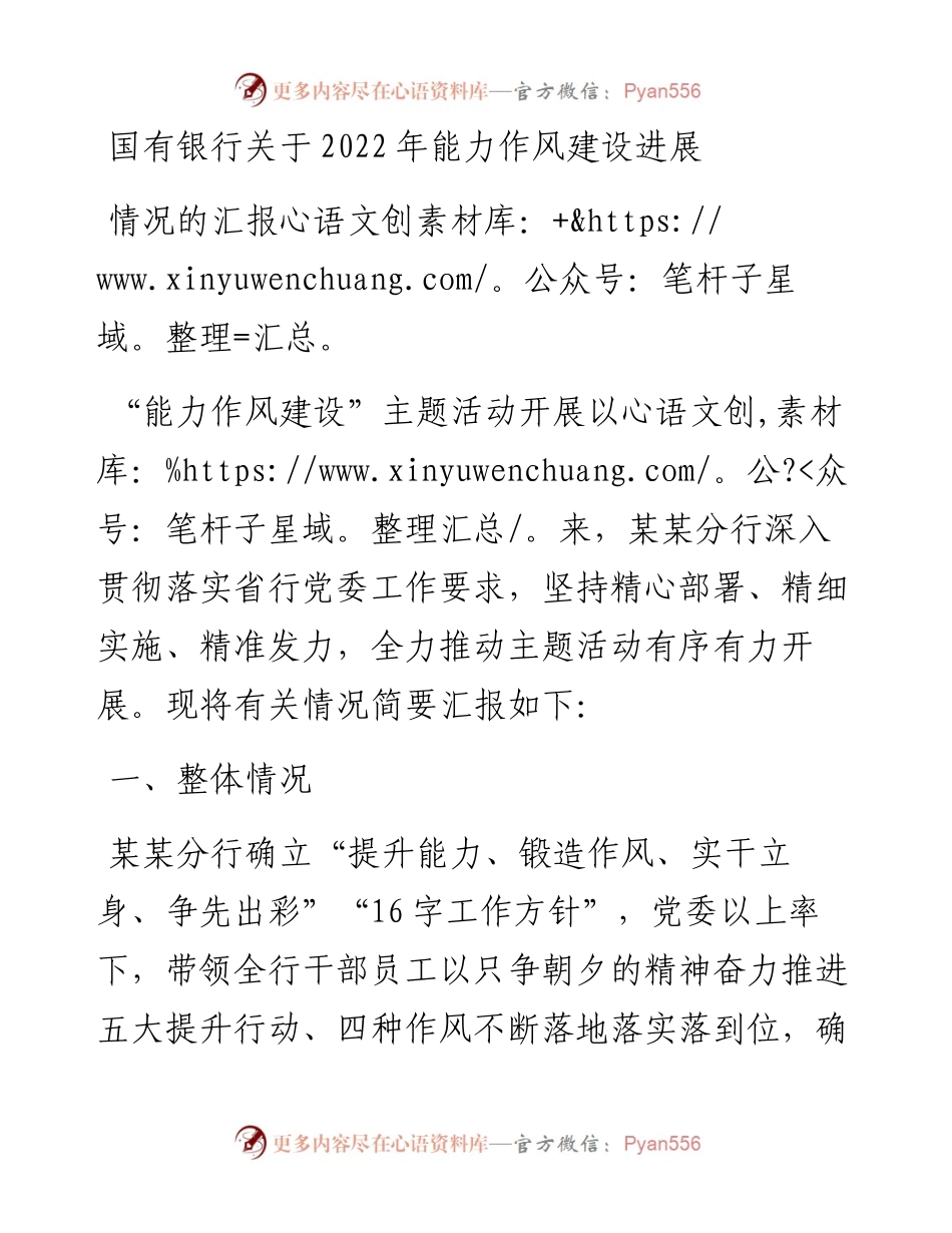 国有银行关于能力作风建设进展情况的汇报.docx_第1页