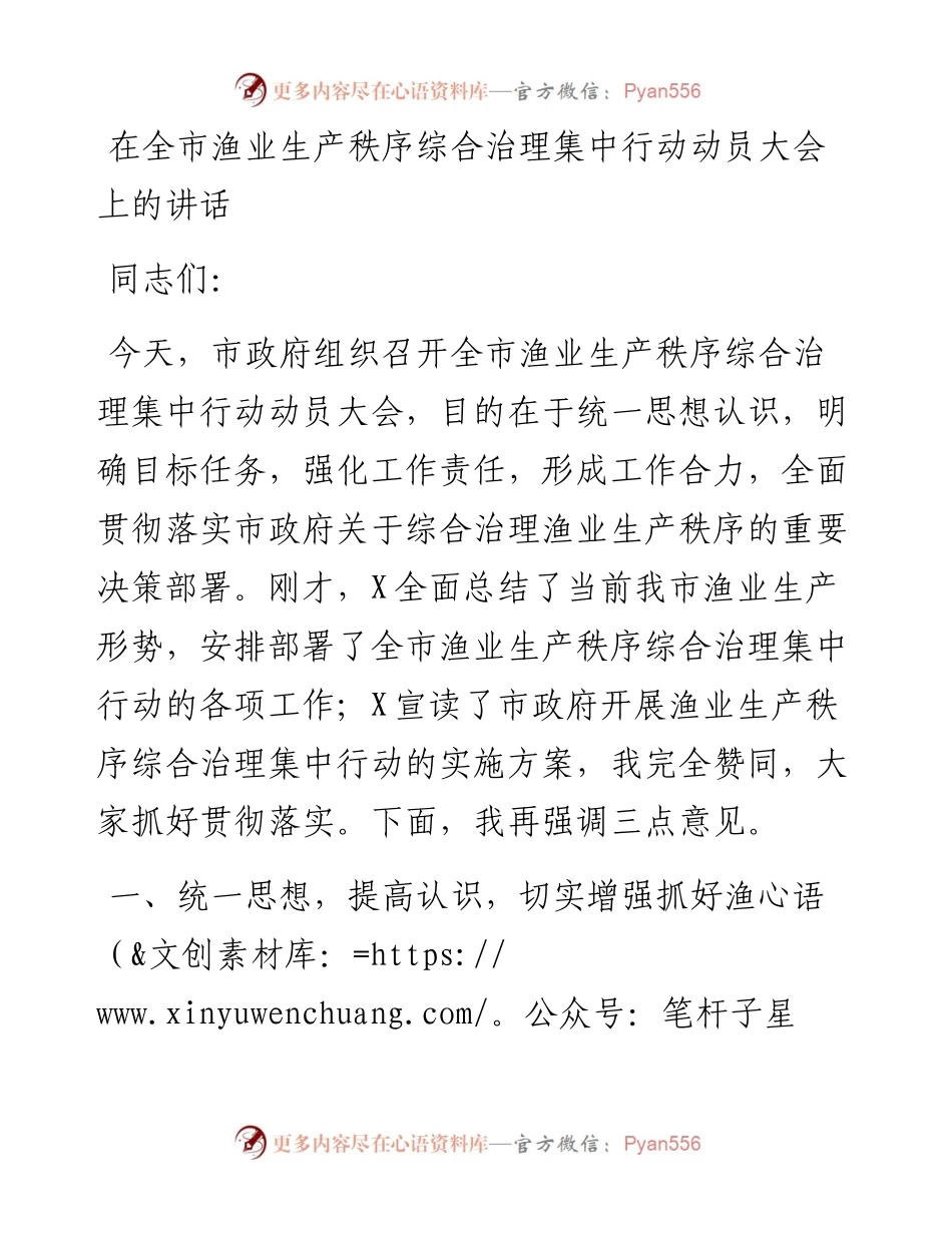 在全市渔业生产秩序综合治理集中行动动员大会上的讲话.docx_第1页