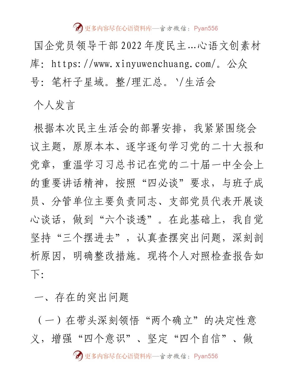 国企党员领导干部度民主生活会个人发言.docx_第1页