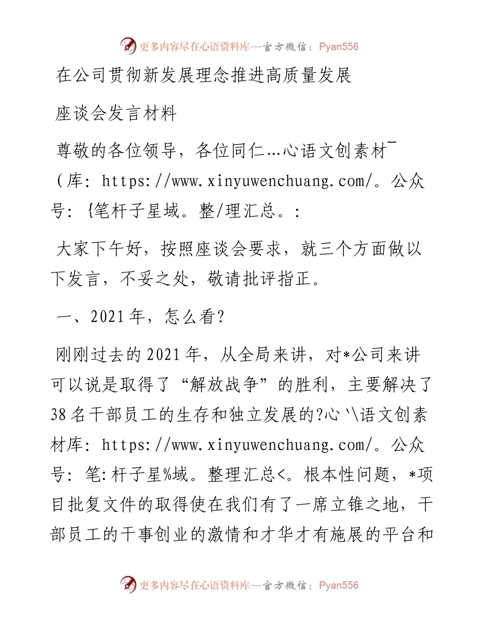 在公司贯彻新发展理念推进高质量发展座谈会发言材料.docx_第1页