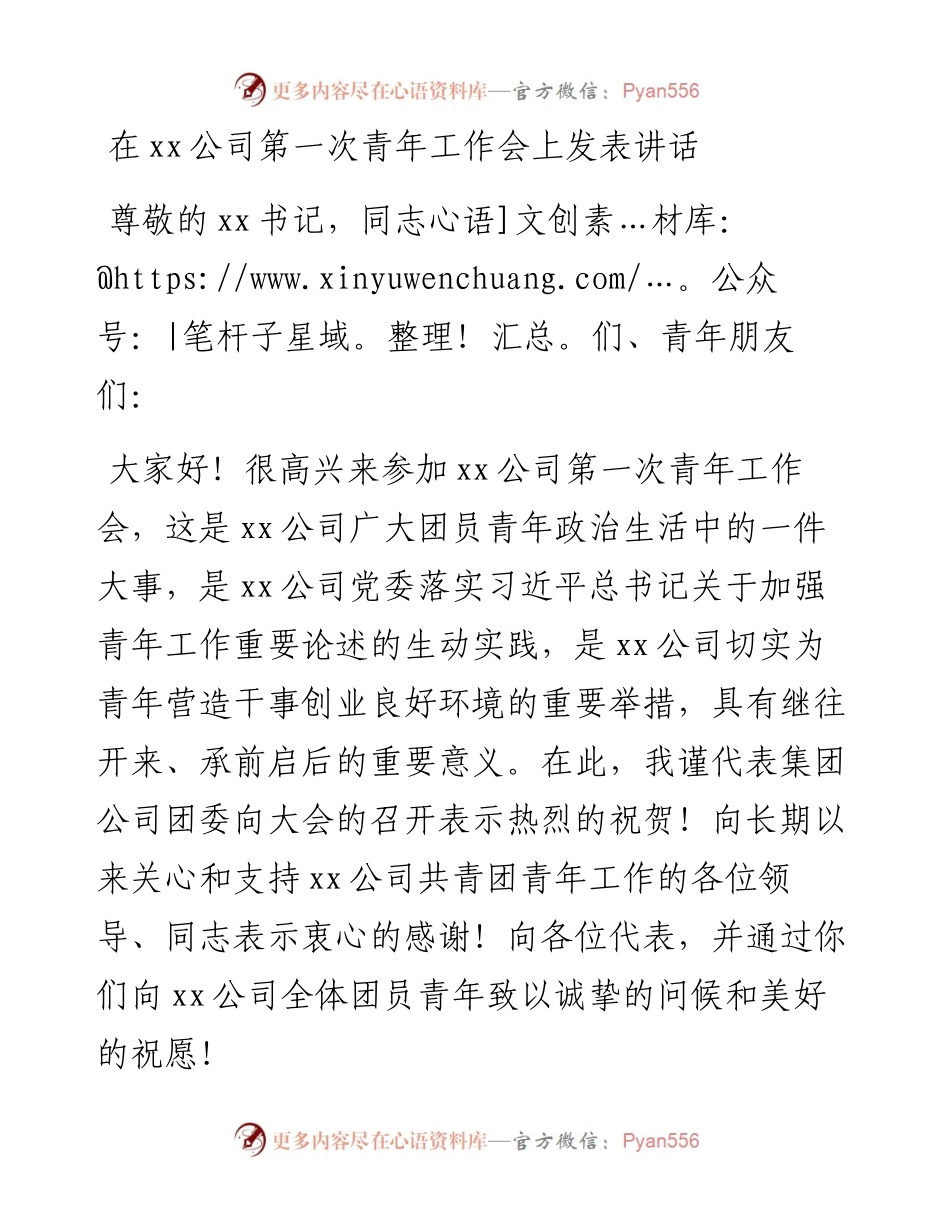 在xx公司第一次青年工作会上发表讲话.docx_第1页