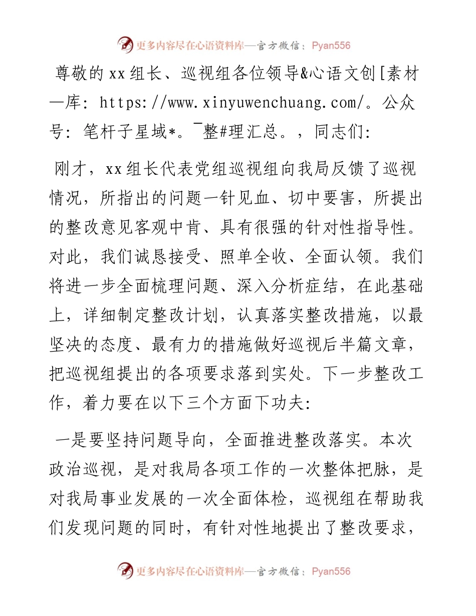 在内部巡视工作反馈会上的表态发言.docx_第1页