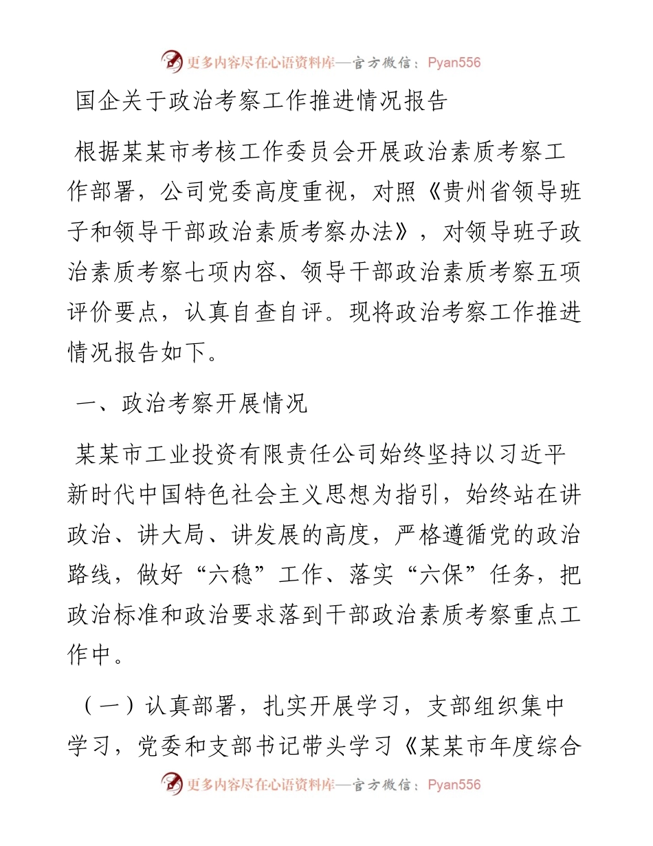 国企关于政治考察工作推进情况报告.docx_第1页