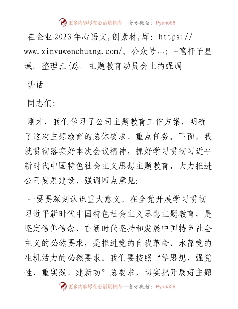 在企业2023年主题教育动员会上的强调讲话.docx_第1页