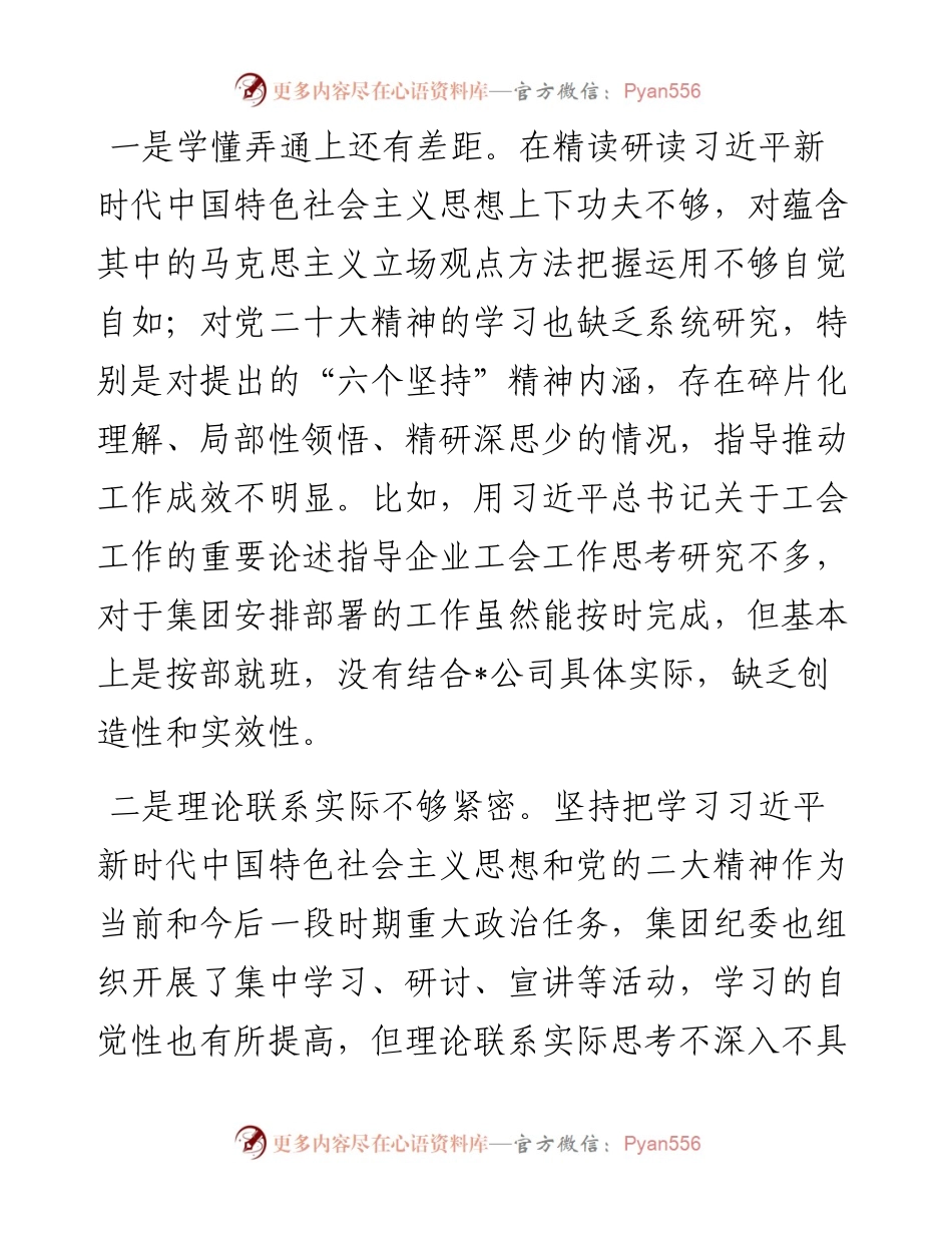 国企2023年度主题教育专题组织生活会个人发言提纲（纪检委员、工会主席）.docx_第2页