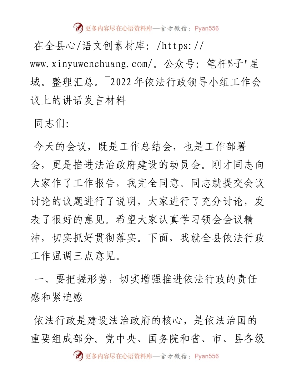 在全县依法行政领导小组工作会议上的讲话发言材料.docx_第1页