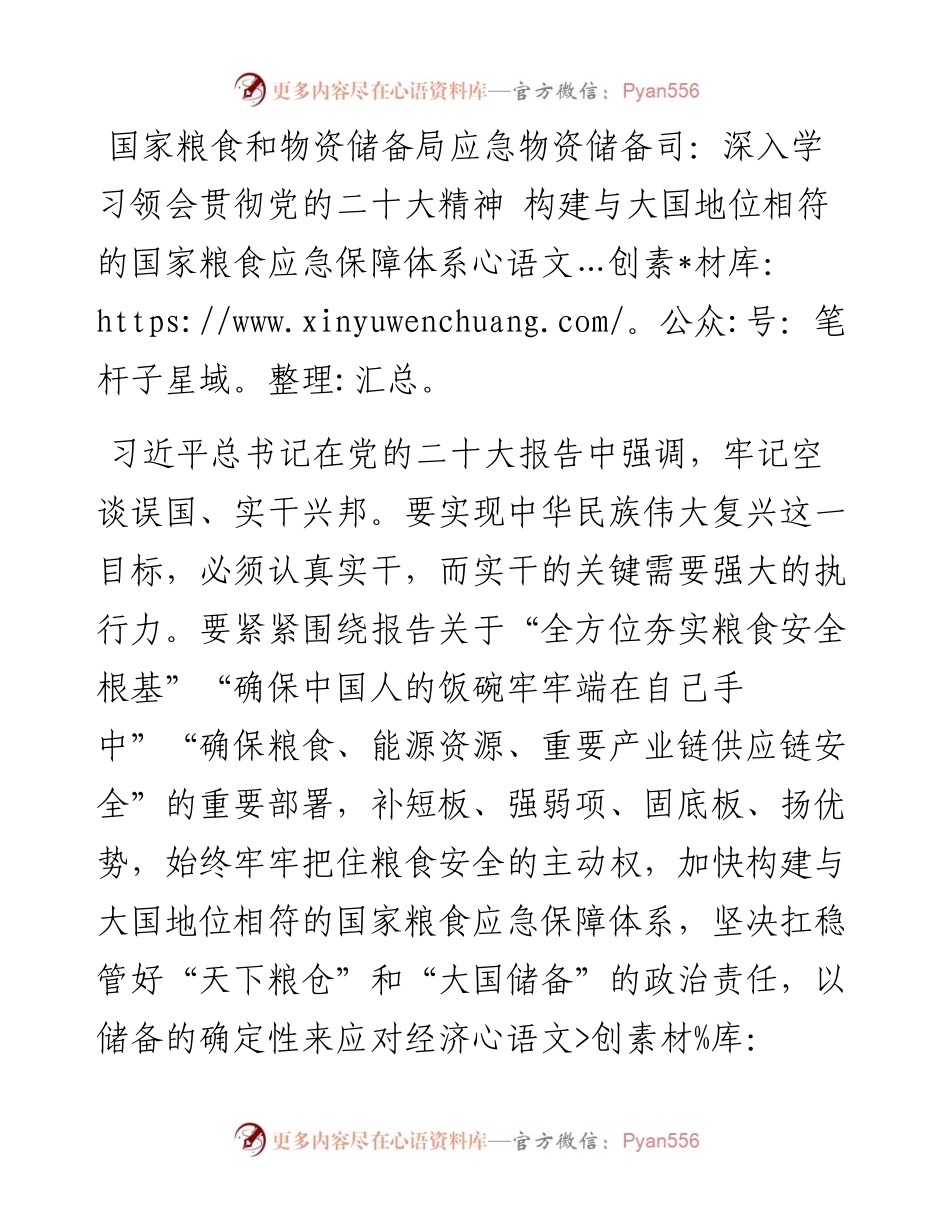 国家粮食和物资储备局应急物资储备司：深入学习领会贯彻党的二十大精神+构建与大国地位相符的国家粮食应急保障体系（1124）.docx_第1页