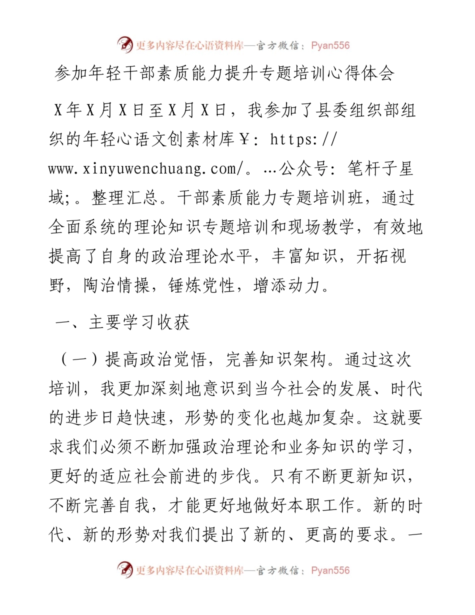 参加年轻干部素质能力提升专题培训心得体会.docx_第1页
