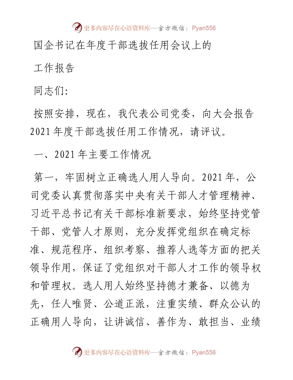 国企书记在年度干部选拔任用会议上的工作报告.docx_第1页