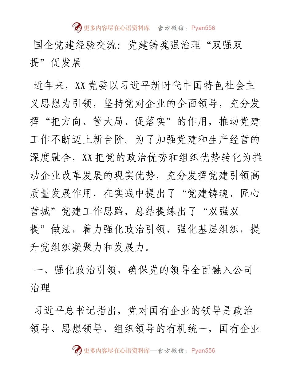 国企党建经验交流：党建铸魂强治理“双强双提”促发展.docx_第1页