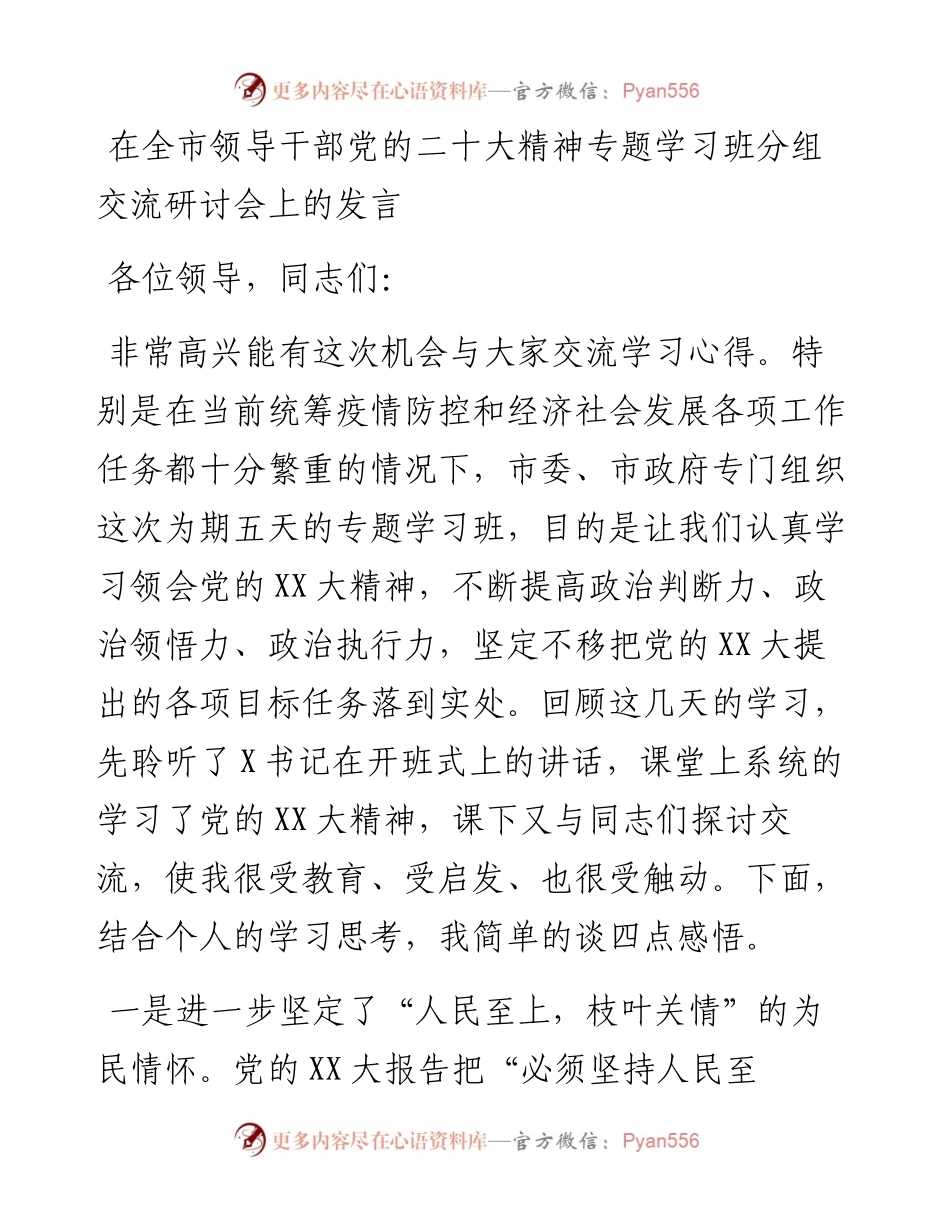 在全市领导干部党的二十大精神专题学习班分组交流研讨会上的发言.docx_第1页