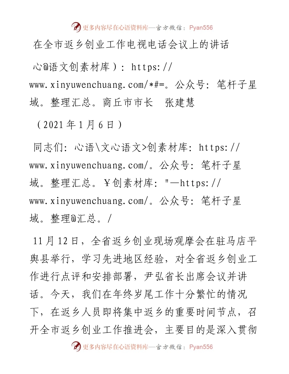 在全市返乡创业工作电视电话会议上的讲话.docx_第1页