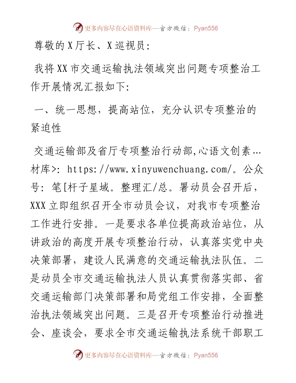 在全省交通运输执法领域突出问题专项整治视频调度会上的发言.docx_第1页