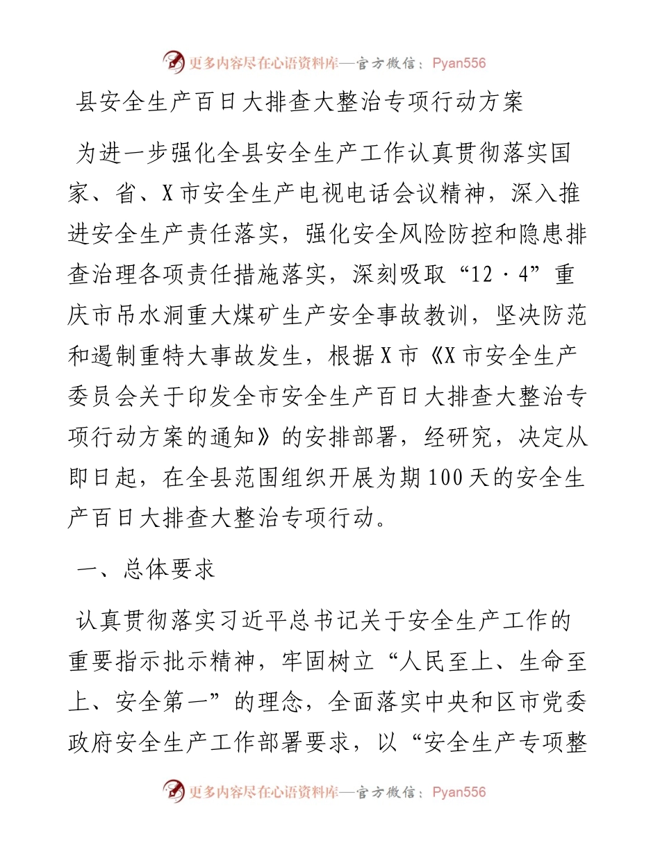 县安全生产百日大排查大整治专项行动方案.docx_第1页