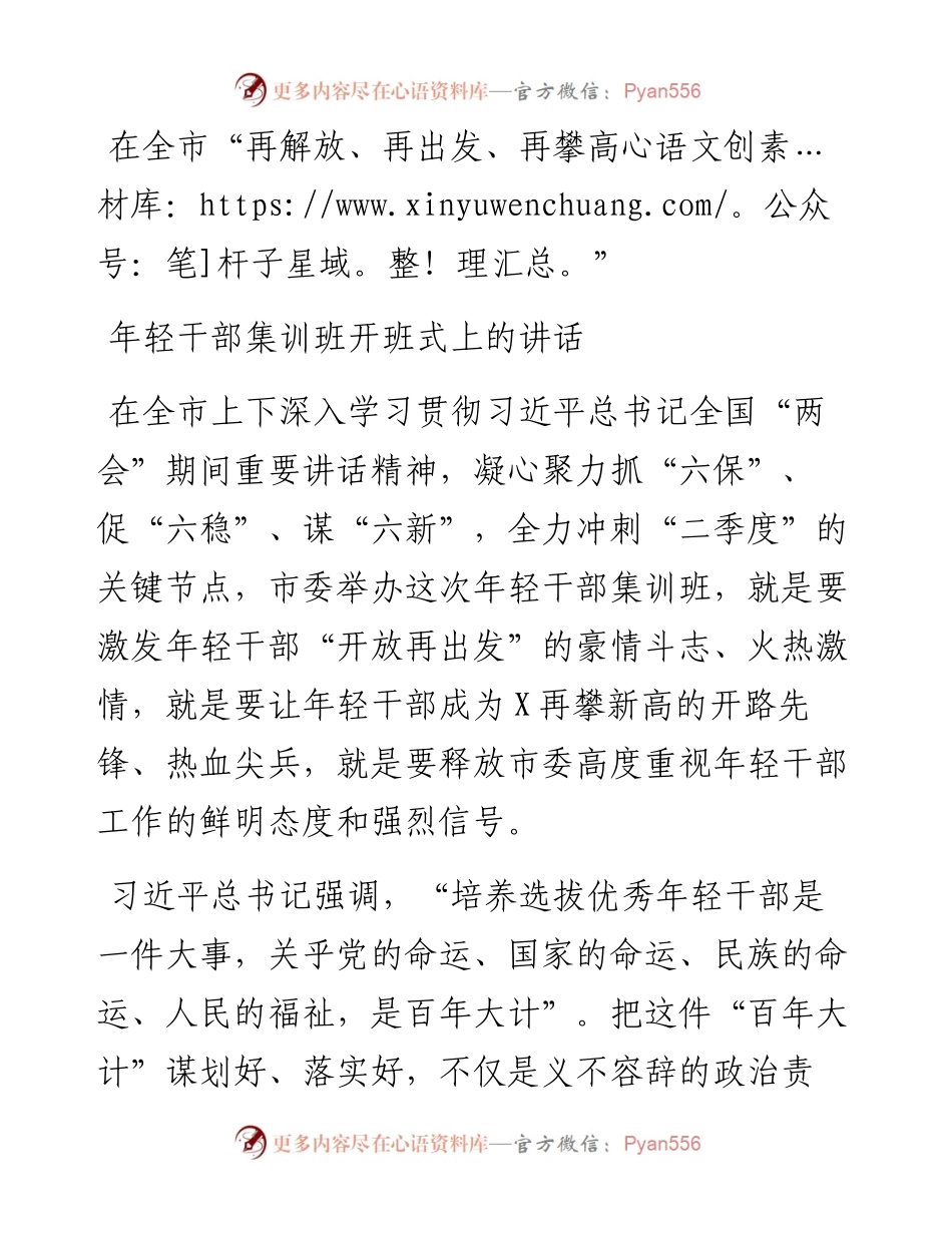 在全市再解放再出发再攀高年轻干部集训班开班式上的讲话.docx_第1页