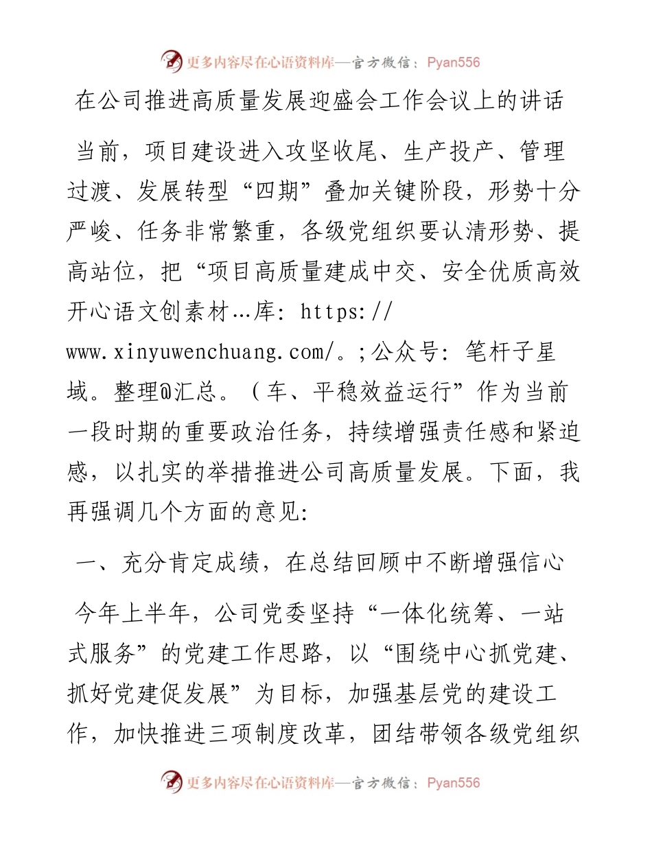 在公司推进高质量发展迎盛会工作会议上的讲话.docx_第1页