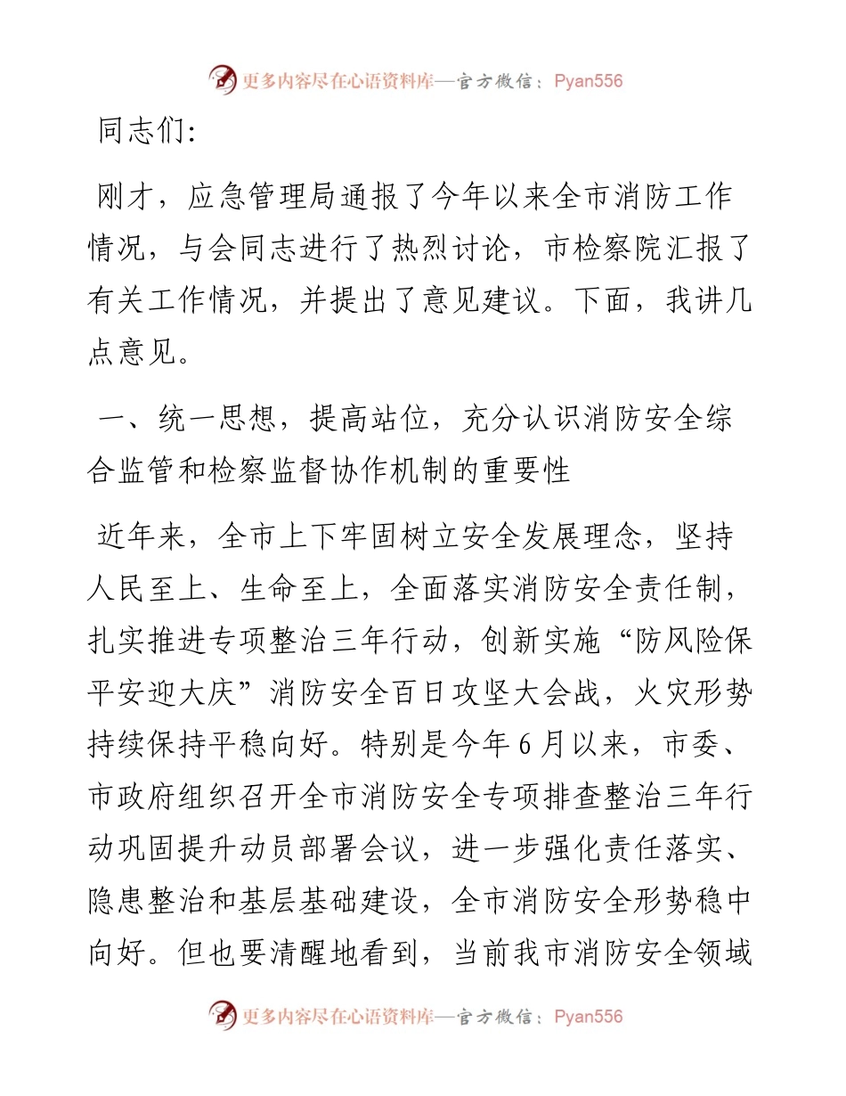 在2024年健全消防安全综合监管和检察监督协作机制推进会上的讲话.docx_第1页