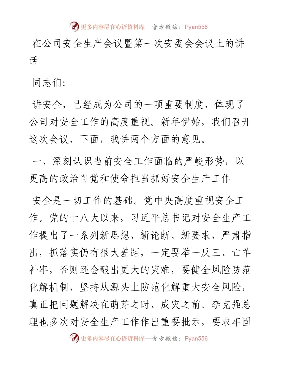在公司安全生产会议暨第一次安委会会议上的讲话.docx_第1页