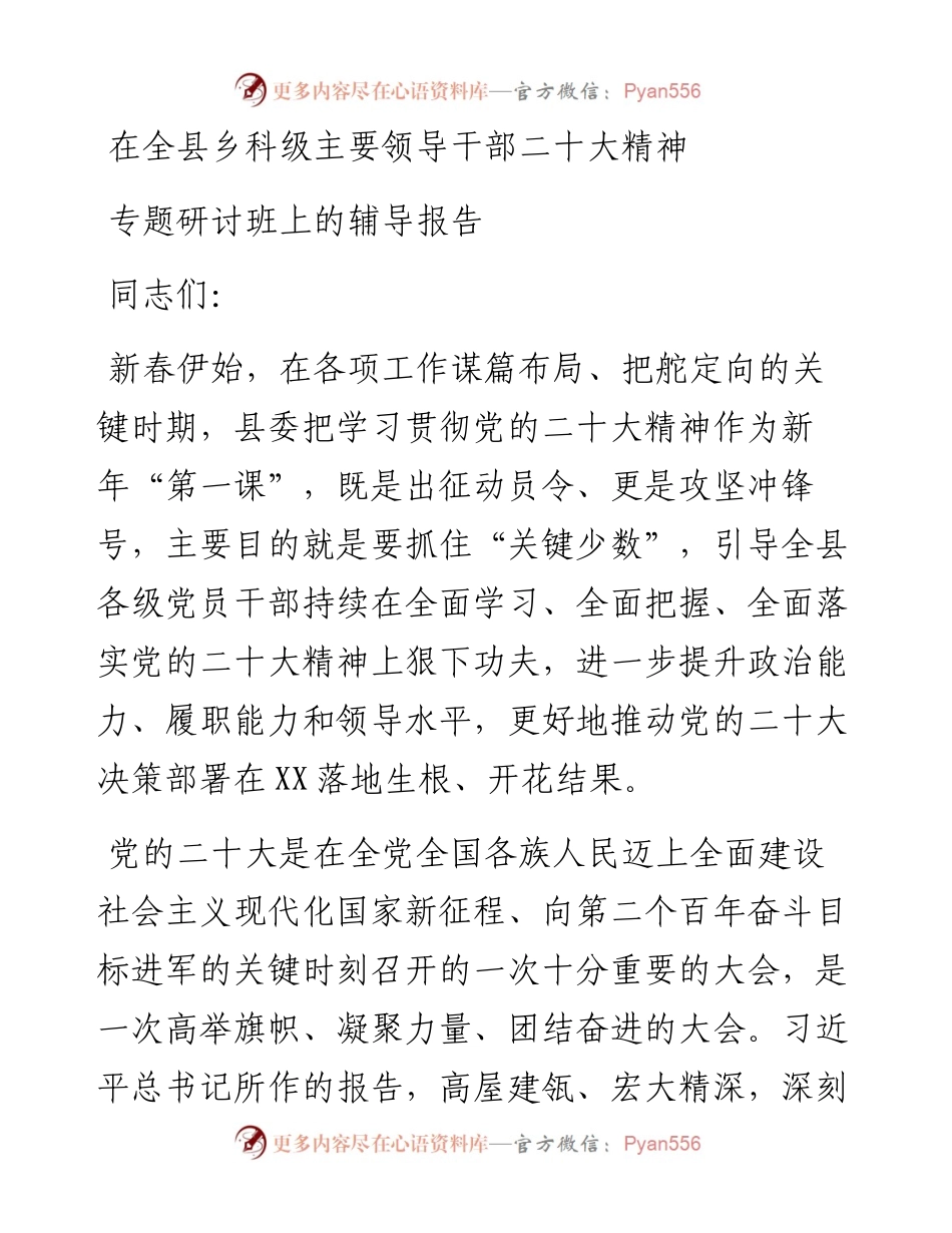 在全县乡科级主要领导干部二十大精神专题研讨班上的辅导报告.docx_第1页