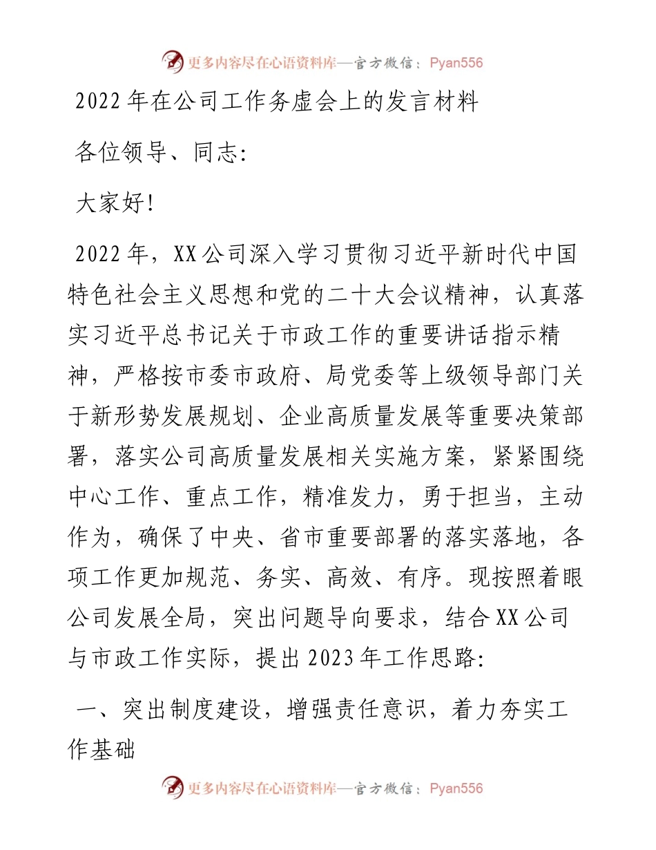 在公司工作务虚会上的发言材料.docx_第1页