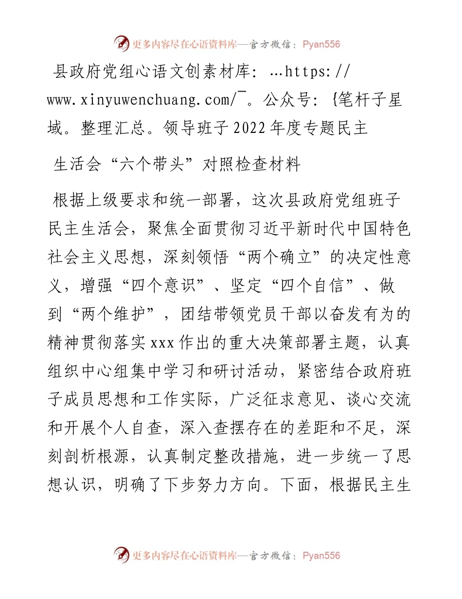 县政府党组领导班子度专题民主生活会“六个带头”对照检查材料.docx_第1页