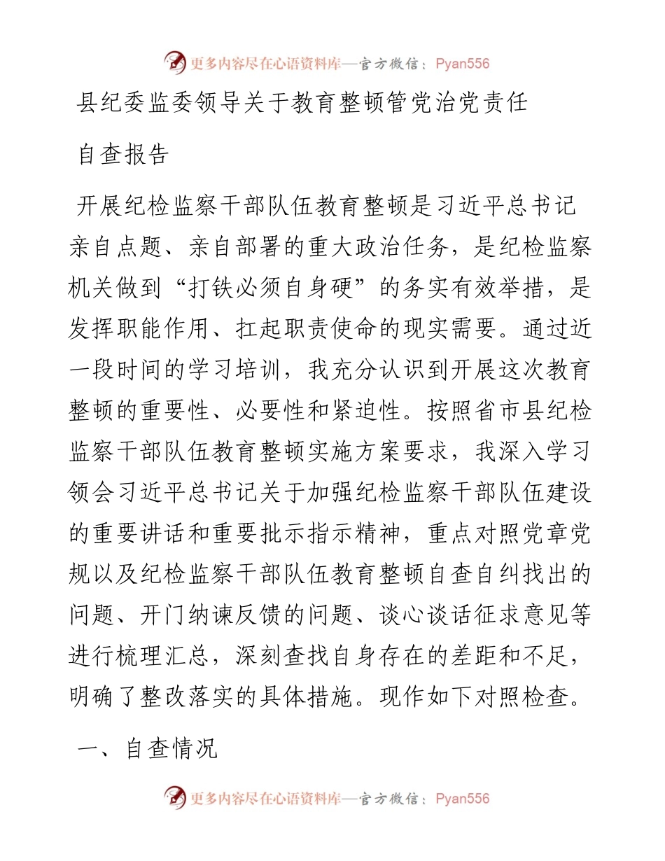 县纪委监委领导关于教育整顿管党治党责任自查报告.docx_第1页