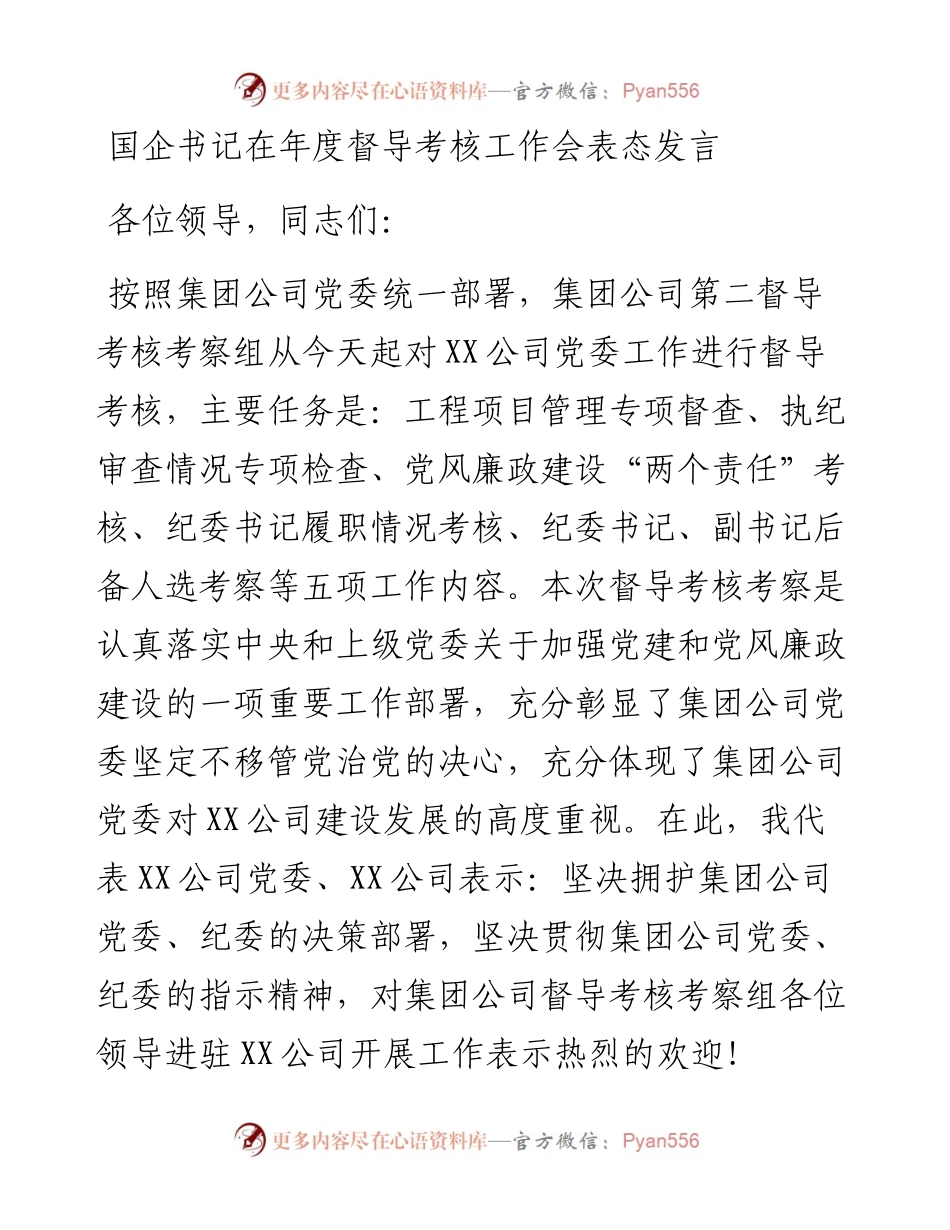 国企书记在年度督导考核工作会表态发言.docx_第1页