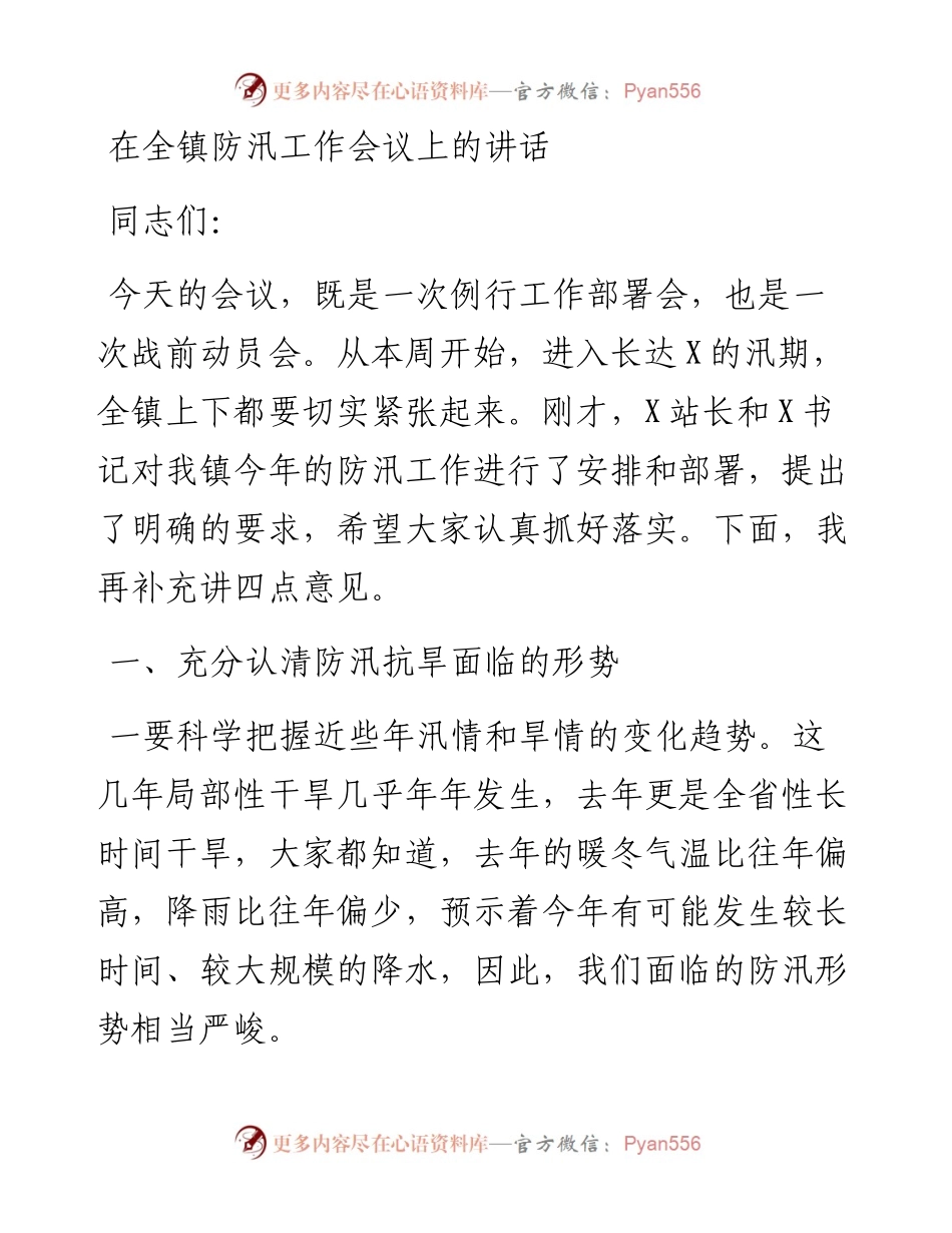 在全镇防汛工作会议上的讲话.docx_第1页