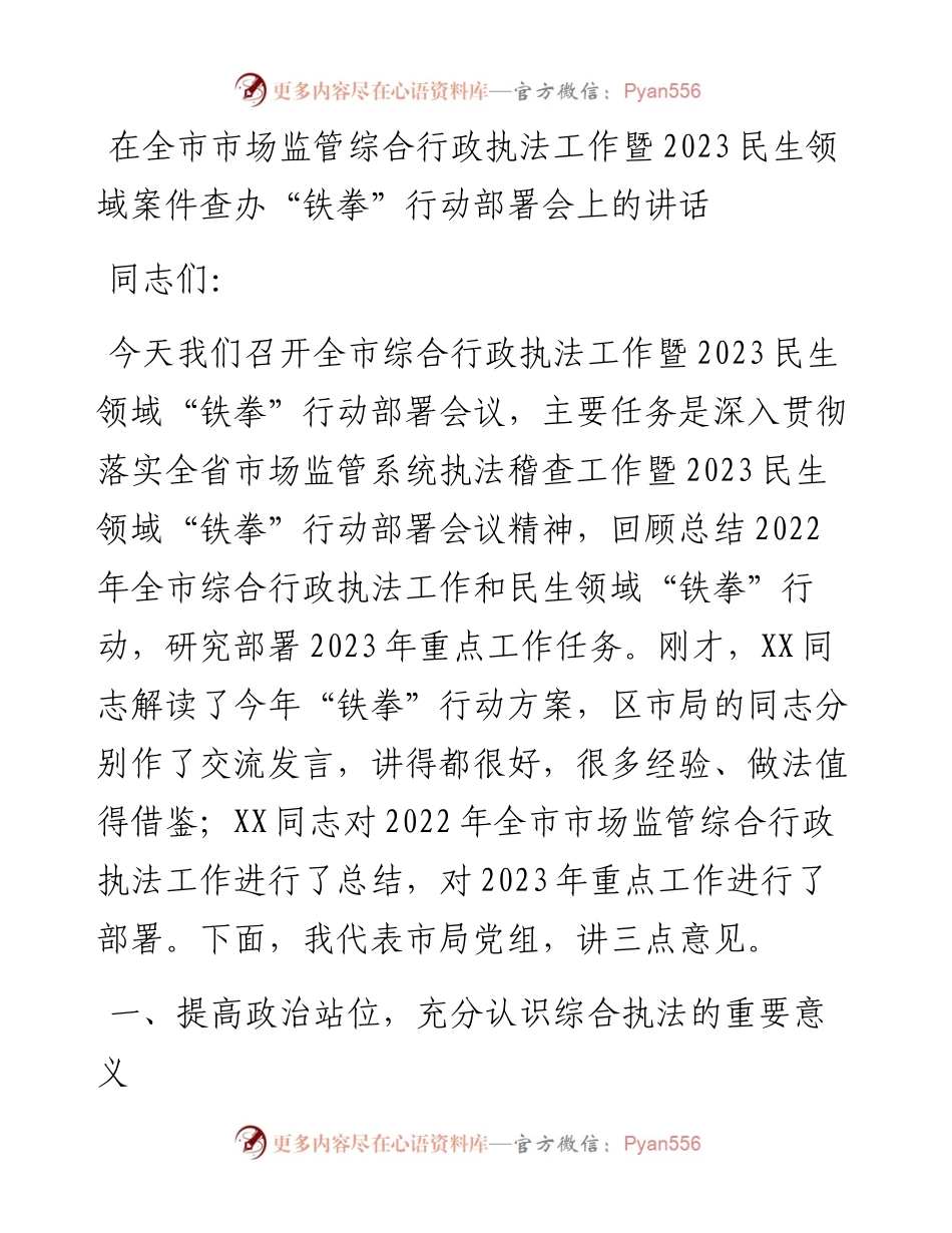 在全市市场监管综合行政执法工作暨2023民生领域案件查办“铁拳”行动部署会上的讲话.docx_第1页