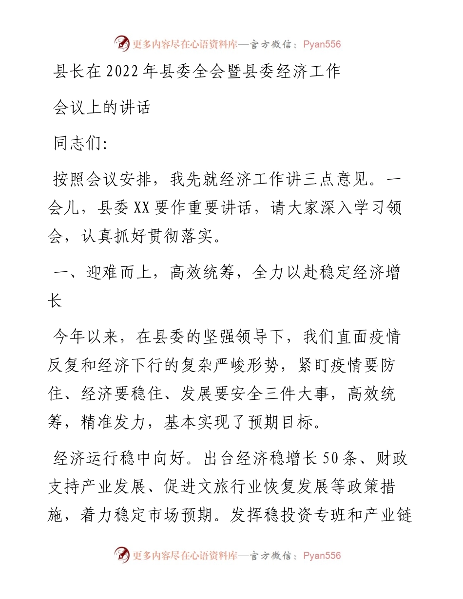 县长在县委全会暨县委经济工作会议上的讲话.docx_第1页