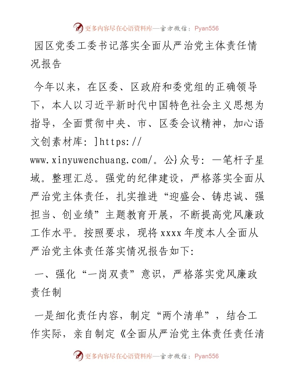 园区党委工委书记落实全面从严治党主体责任情况报告.docx_第1页