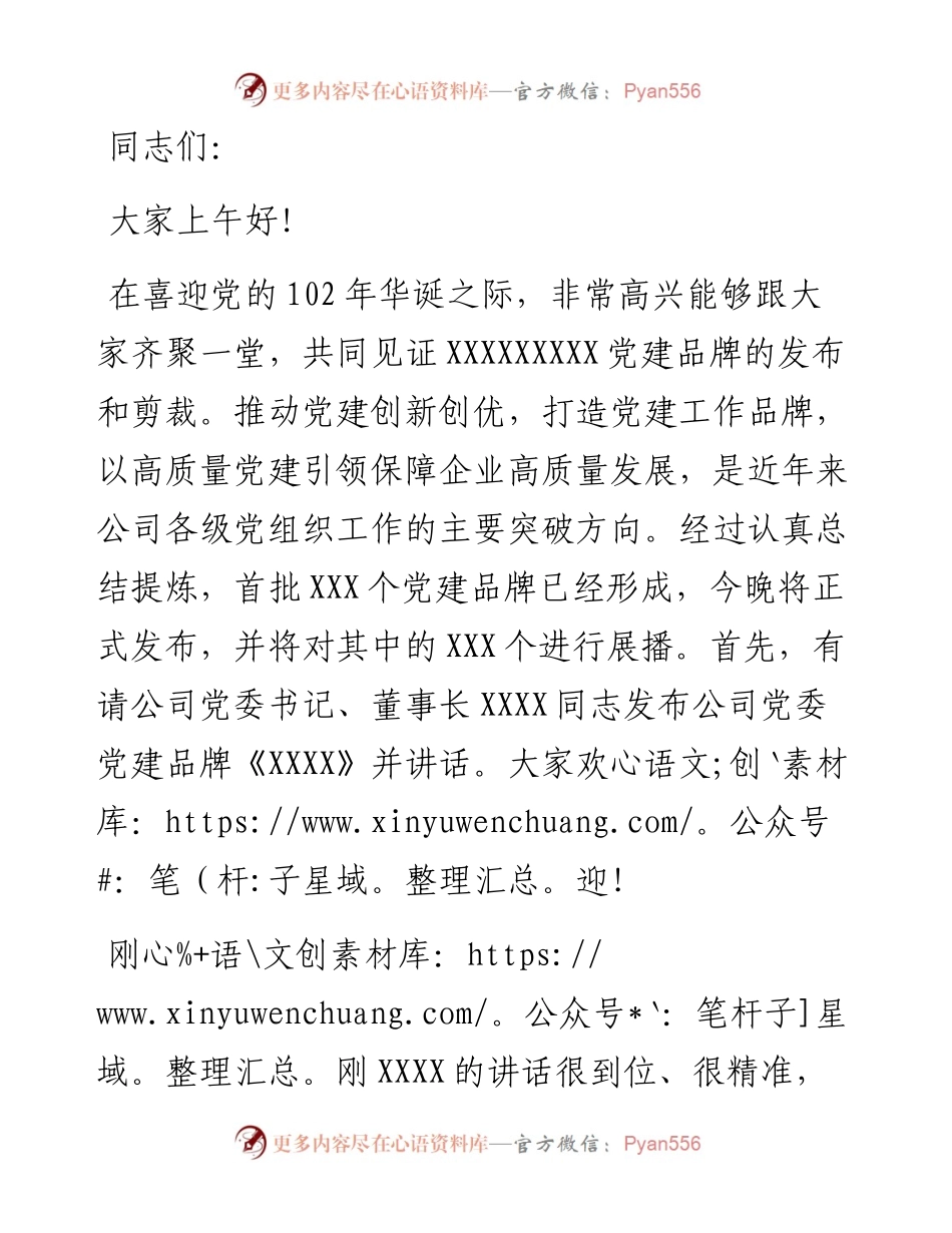 在公司党建品牌发布会上的致辞讲话.docx_第1页