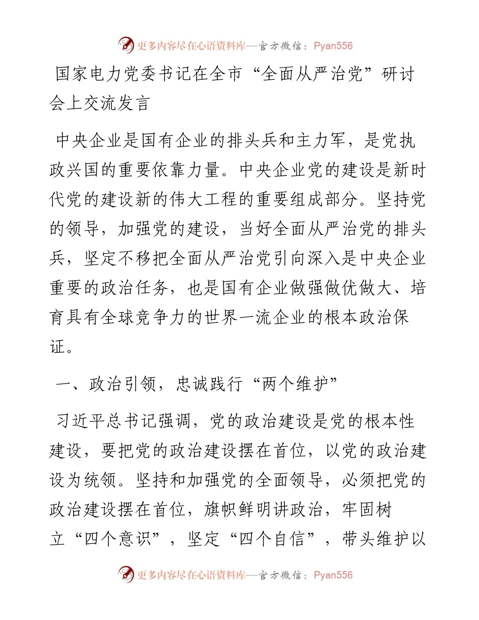 国家电力党委书记在全市“全面从严治党”研讨会上交流发言.docx_第1页