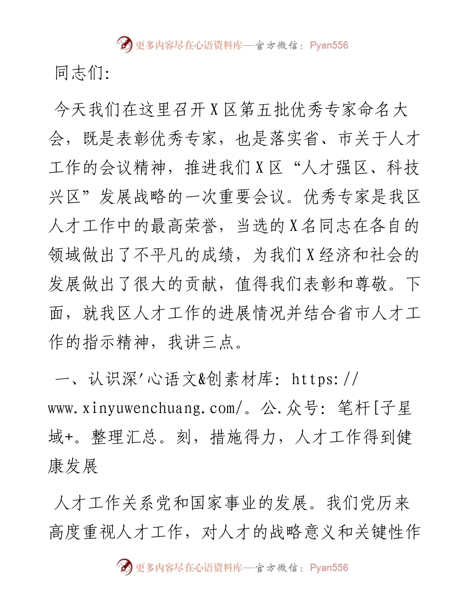在X区第X批优秀专家命名大会上的讲话.docx_第1页
