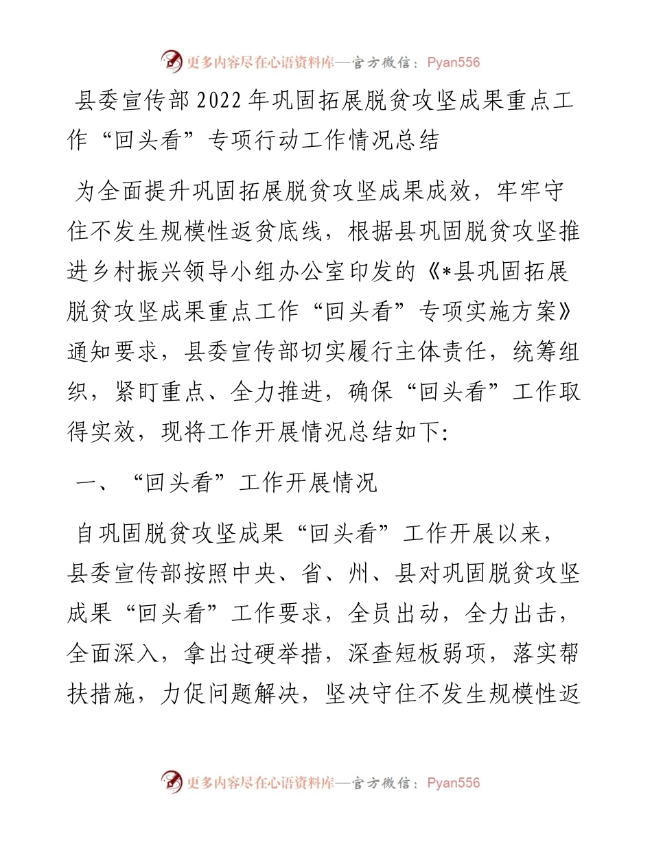 县委宣传部巩固拓展脱贫攻坚成果重点工作“回头看”专项行动工作情况总结.docx_第1页