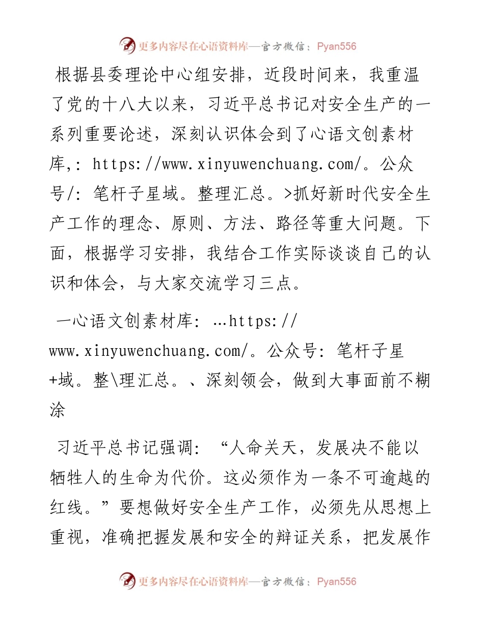 县委常委会中心组习近平总书记对安全生产重要论述交流研讨材料.docx_第1页