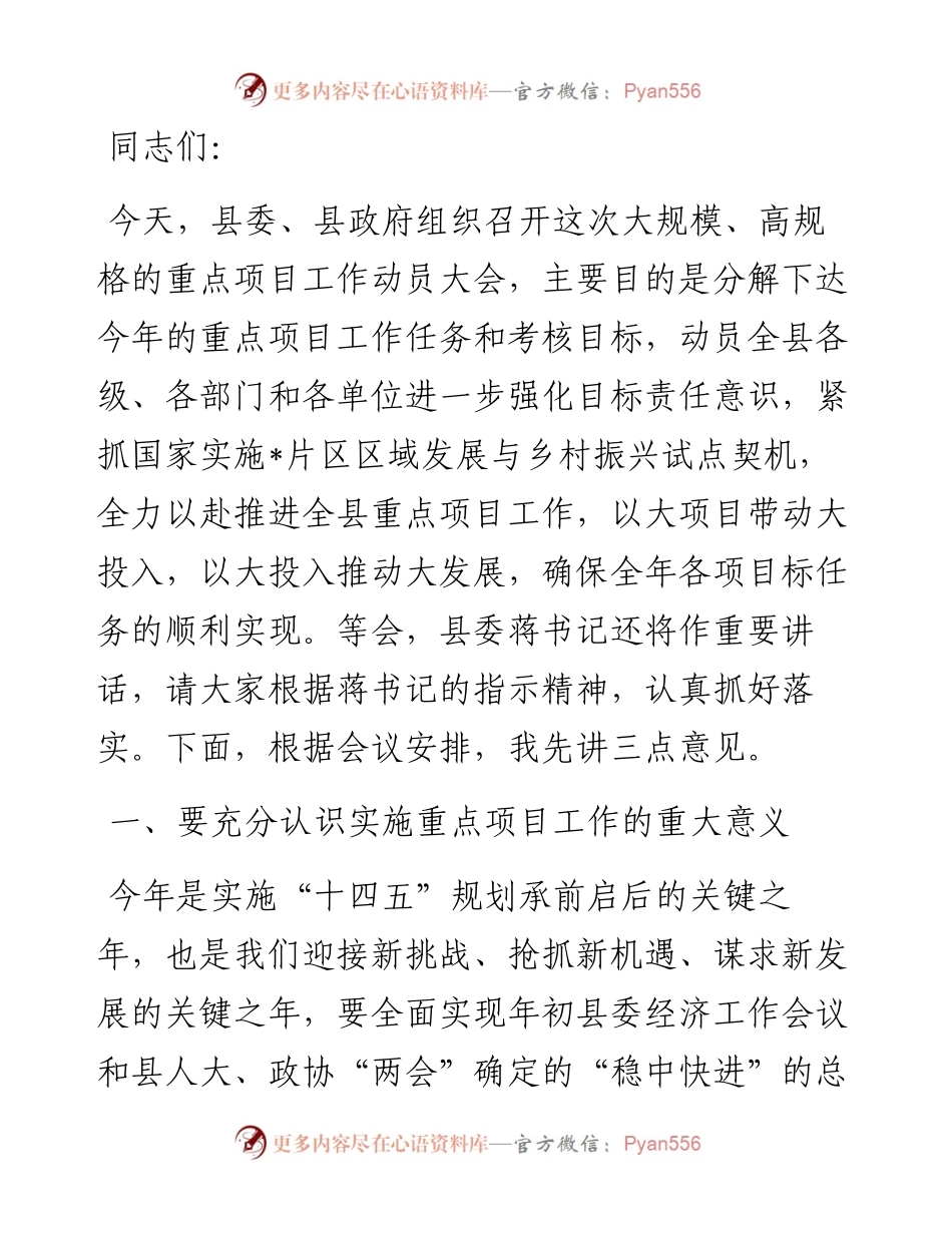 在全县重点项目工作动员会议上的讲话.docx_第1页