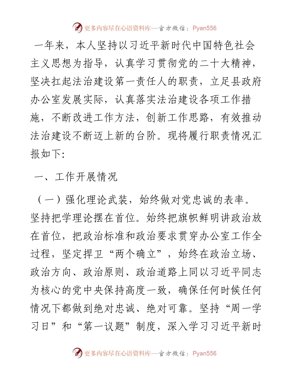 县政府办公室党政主要负责人履行推进法治建设第一责任人职责情况的报告.docx_第1页