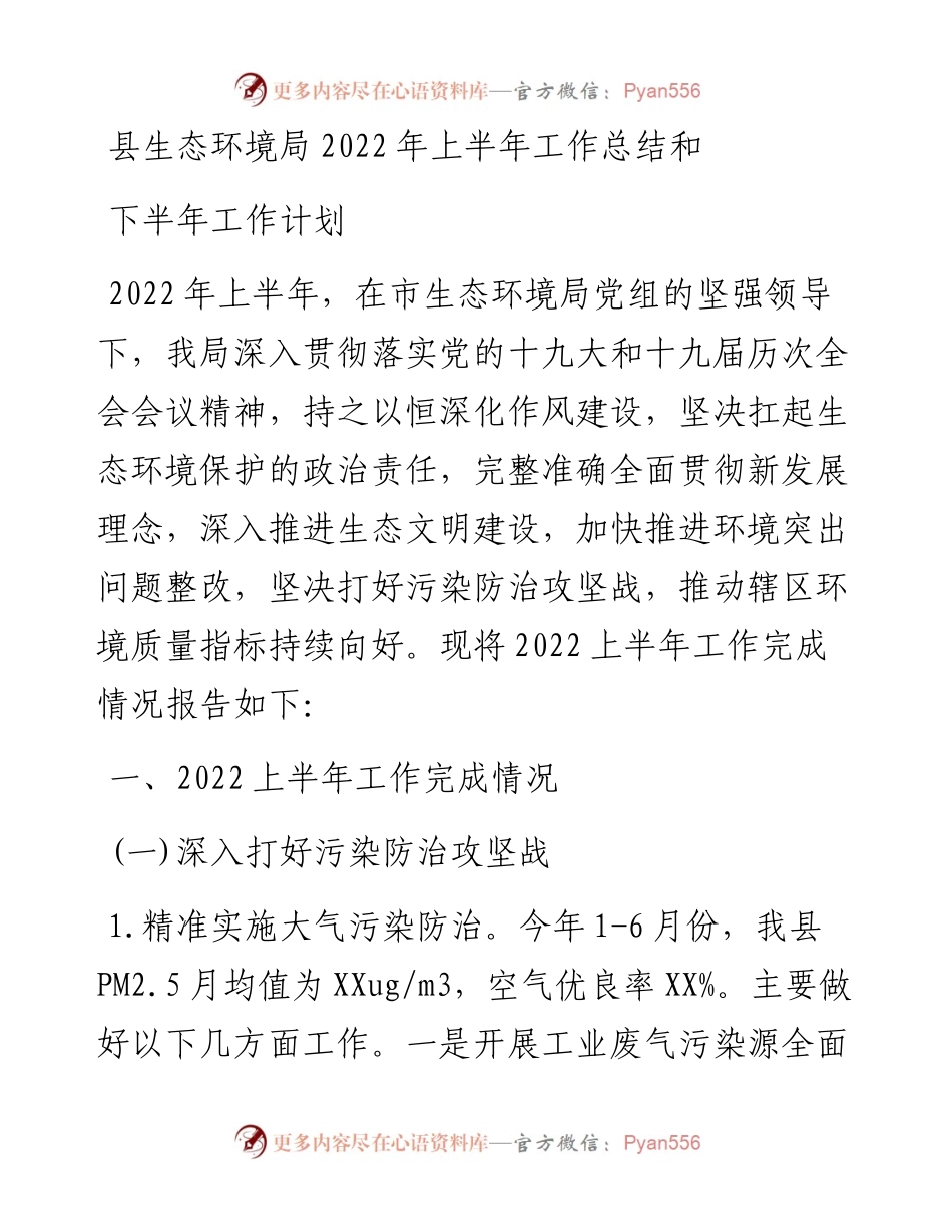县生态环境局上半年工作总结和下半年工作计划.docx_第1页