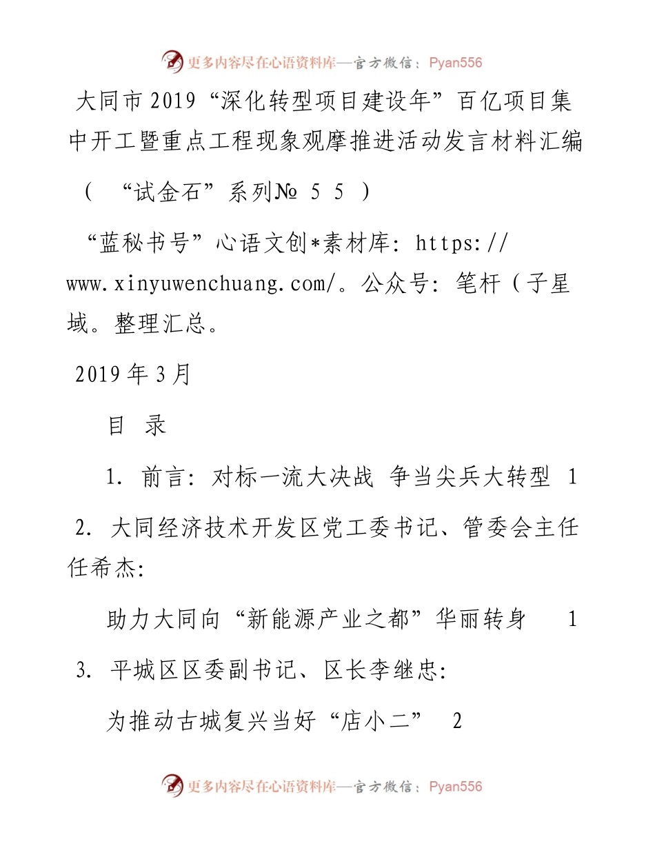 发言系列55（8篇）大同市“深化转型项目建设年”百亿项目集中开工暨重点工程现象观摩推进活动发言材料汇编.docx_第1页