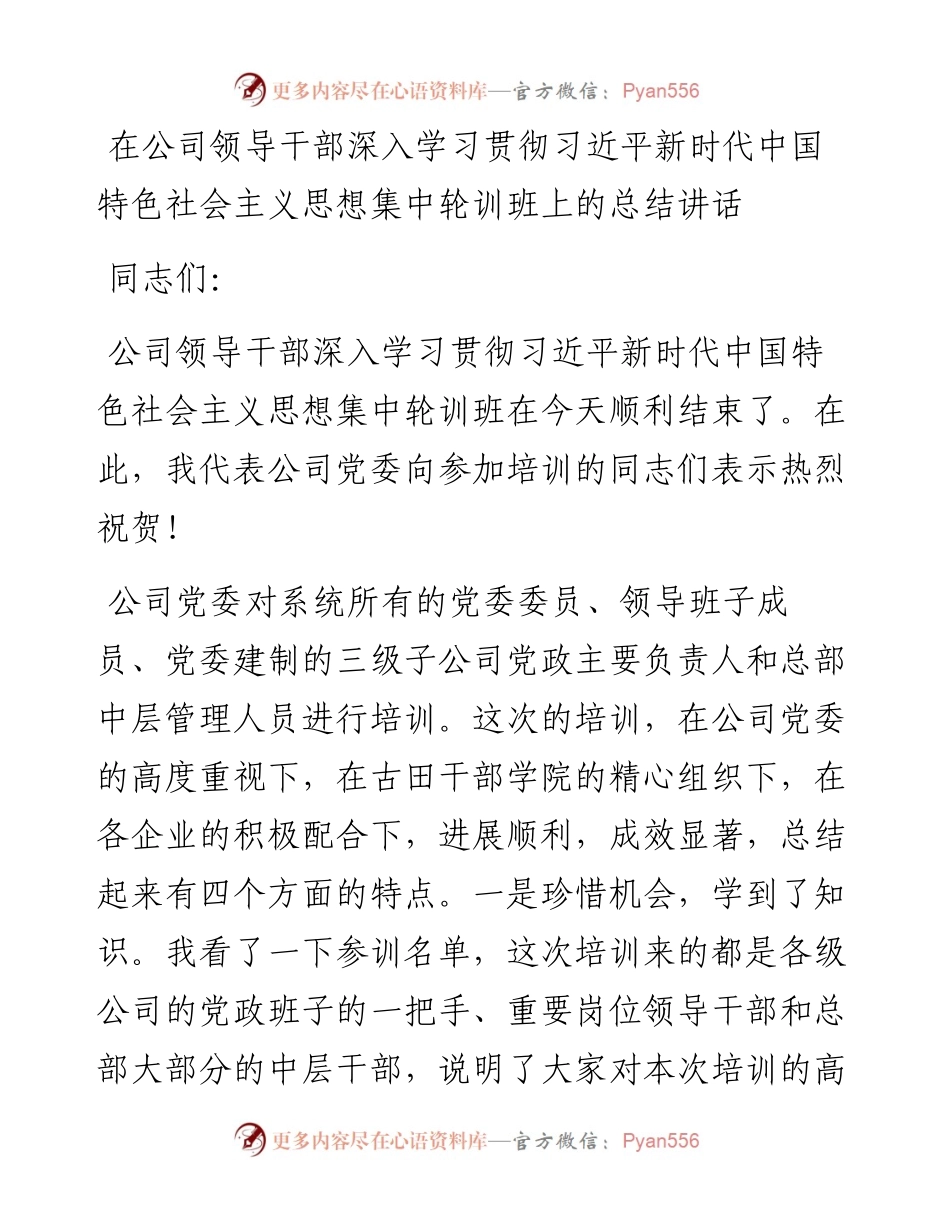 在公司领导干部深入学习贯彻习近平新时代中国特色社会主义思想集中轮训班上的总结讲话.docx_第1页