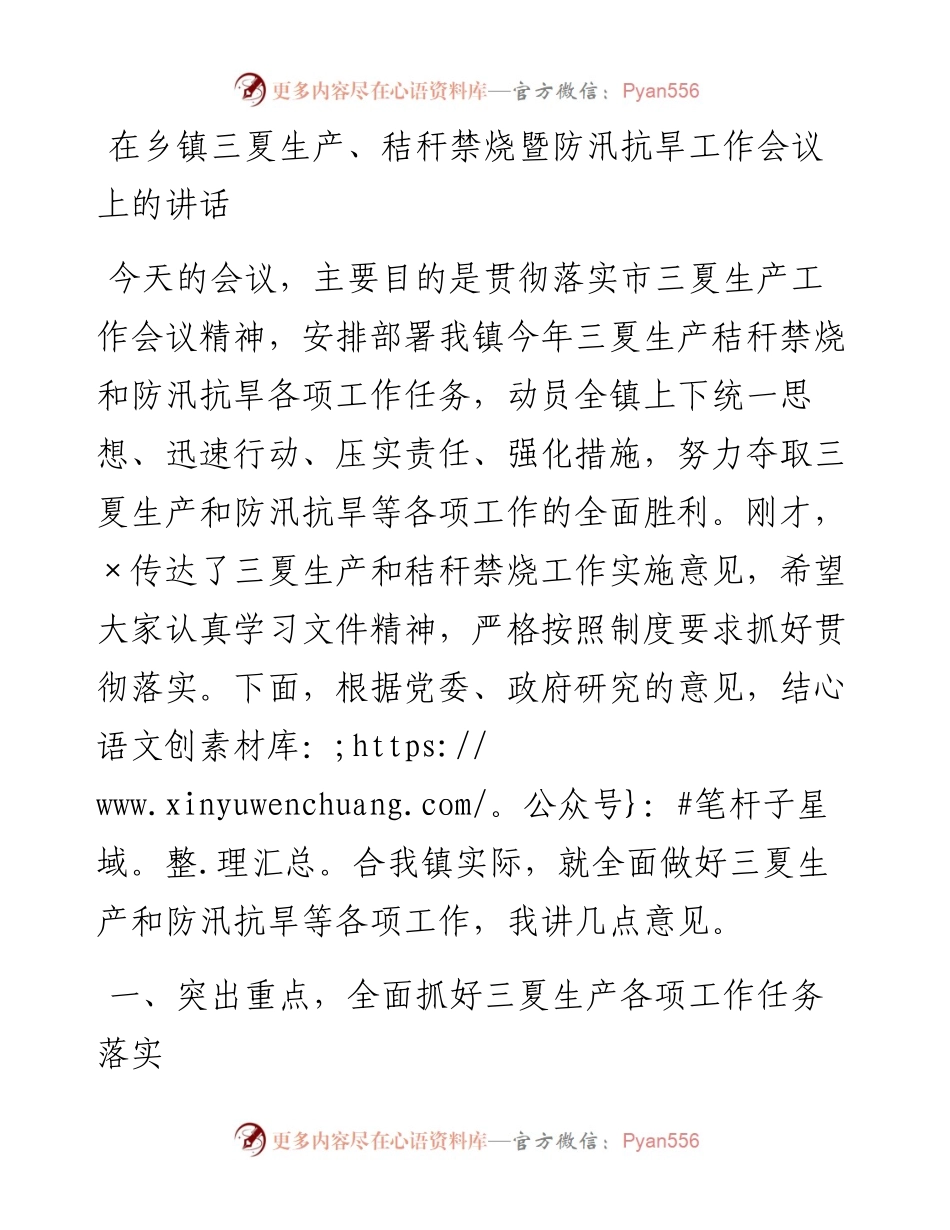 在乡镇三夏生产、秸秆禁烧暨防汛抗旱工作会议上的讲话.docx_第1页