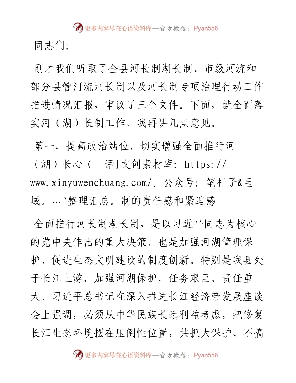 在全面落实河长制工作领导小组会议上的讲话.docx_第1页