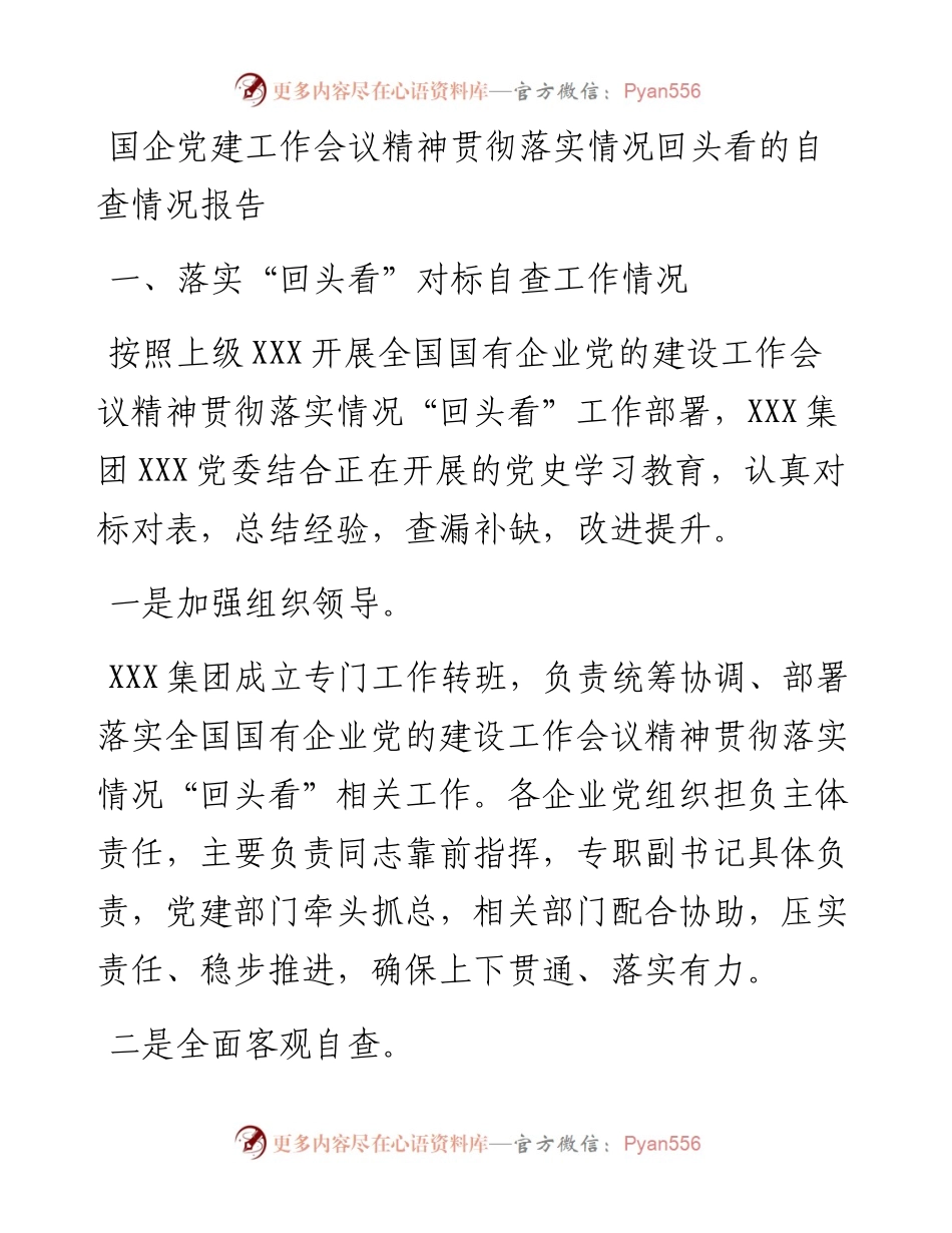国企党建工作会议精神贯彻落实情况回头看的自查情况报告.docx_第1页