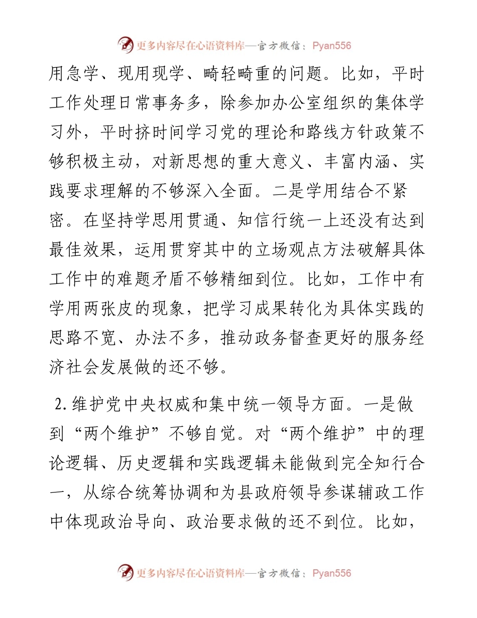 县政府办公室督查专员主题教育专题民主生活会个人对照检查发言提纲.docx_第2页